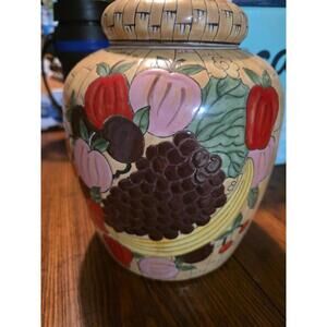 Large Chinese Hand Painted Vintage Porcelain Urn Vase With Lid Floral Red Stamp